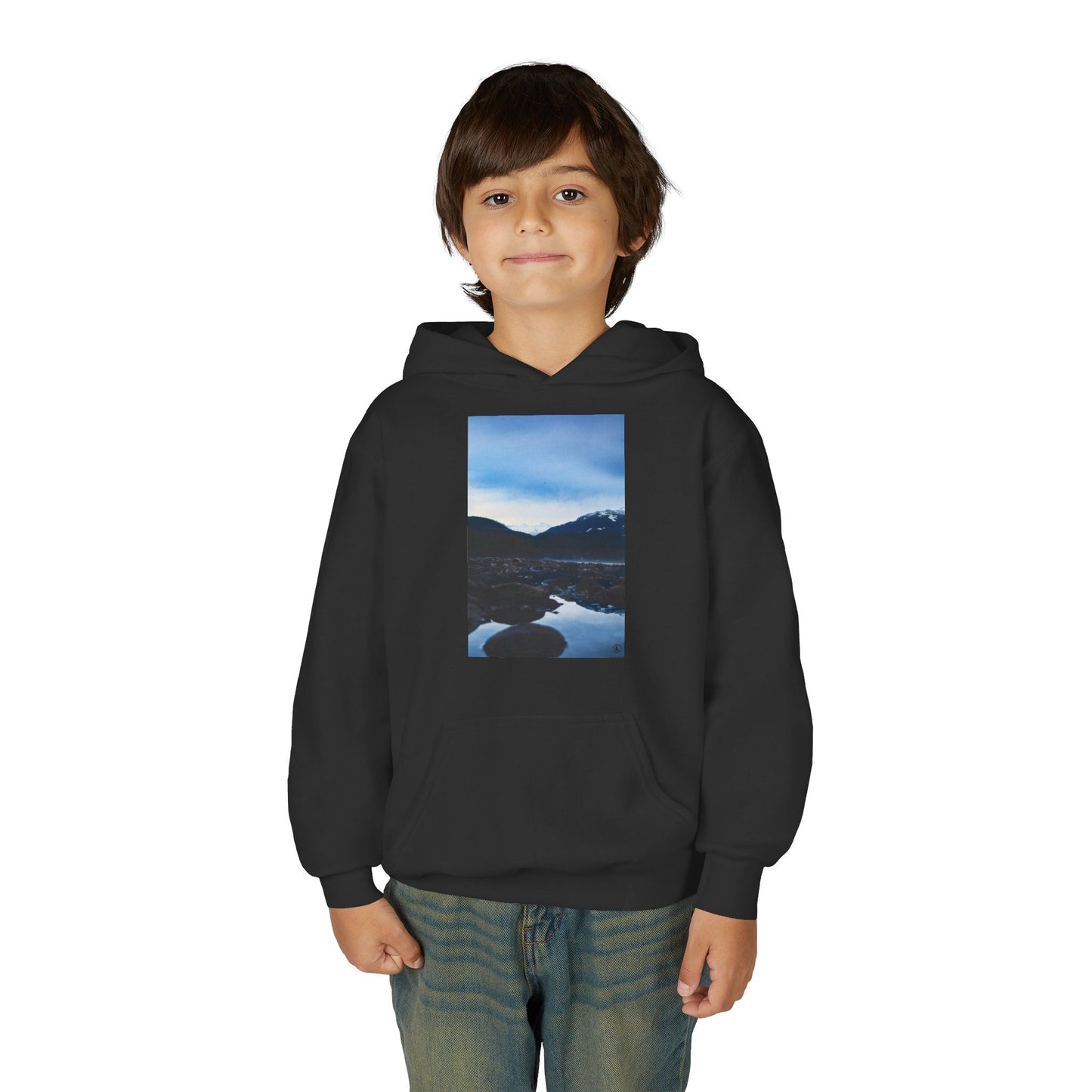 Youth Hoodie with Mountain Lake Photo Print — Nature Landscape Pullover