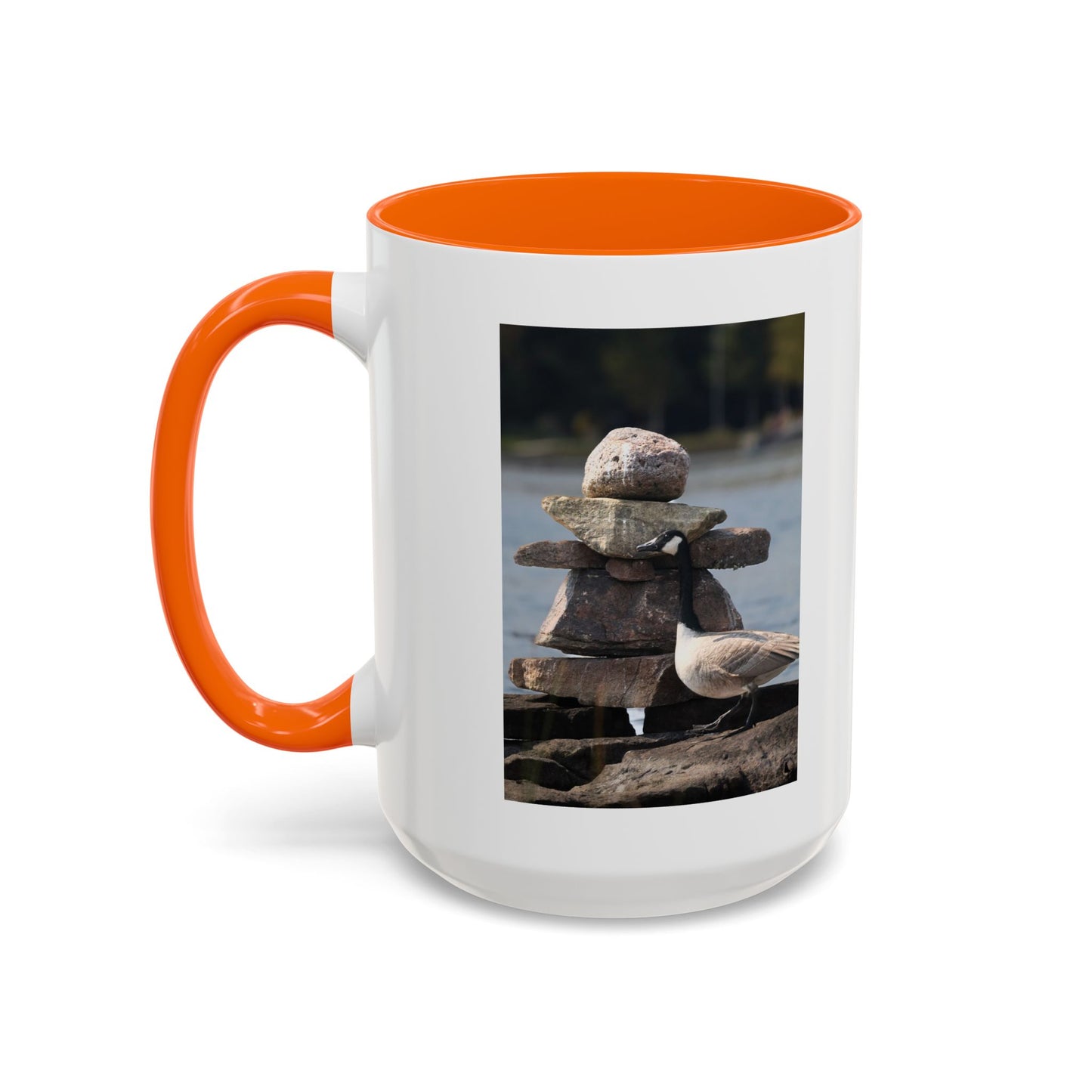 Seaside Rock Cairn Accent Coffee Mug — Coastal Bird & Stacked Stones Photo (11/15oz)