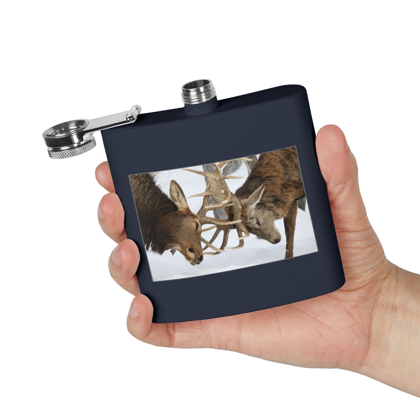 6oz Stainless Steel Flask — Wildlife Photo: Two Bucks Locking Antlers (Hunting Gift)