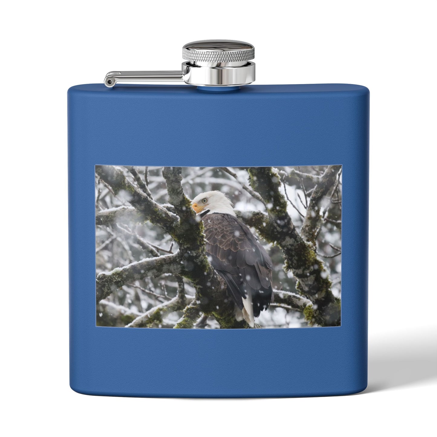 Eagle In Snow 6oz Stainless Steel Hip Flask — Bald Eagle Wildlife Photo Flask, Outdoor Gift for Hunters & Nature Lovers