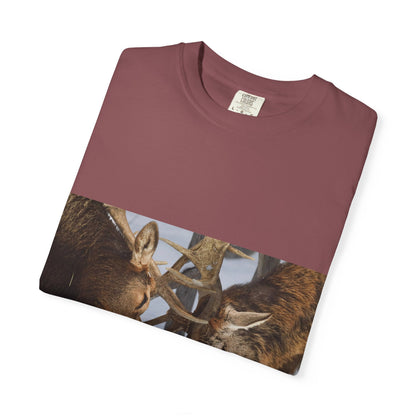 Antler Clash: Winter Wildlife Encounter, Dramatic Nature Photographyphotography shirts