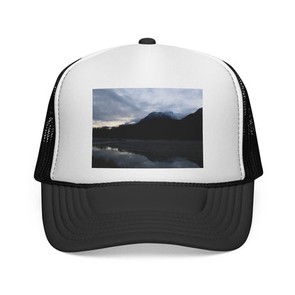 Mountain Lake Trucker Cap — Scenic Nature Photo Mesh Hat