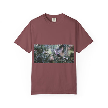 Emerald Wings: Hummingbird in Conifer Haven, Wildlife Macro Photographyphotography shirts