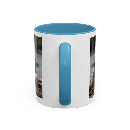 Seaside Rock Cairn Accent Coffee Mug — Coastal Bird & Stacked Stones Photo (11/15oz)