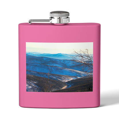 Mountain Vista 6oz Stainless Steel Flask — Scenic Blue Ridge Landscape