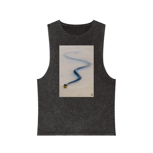 Stonewash Tank Top with Winding Blue Snake Art — Minimalist Nature Graphic