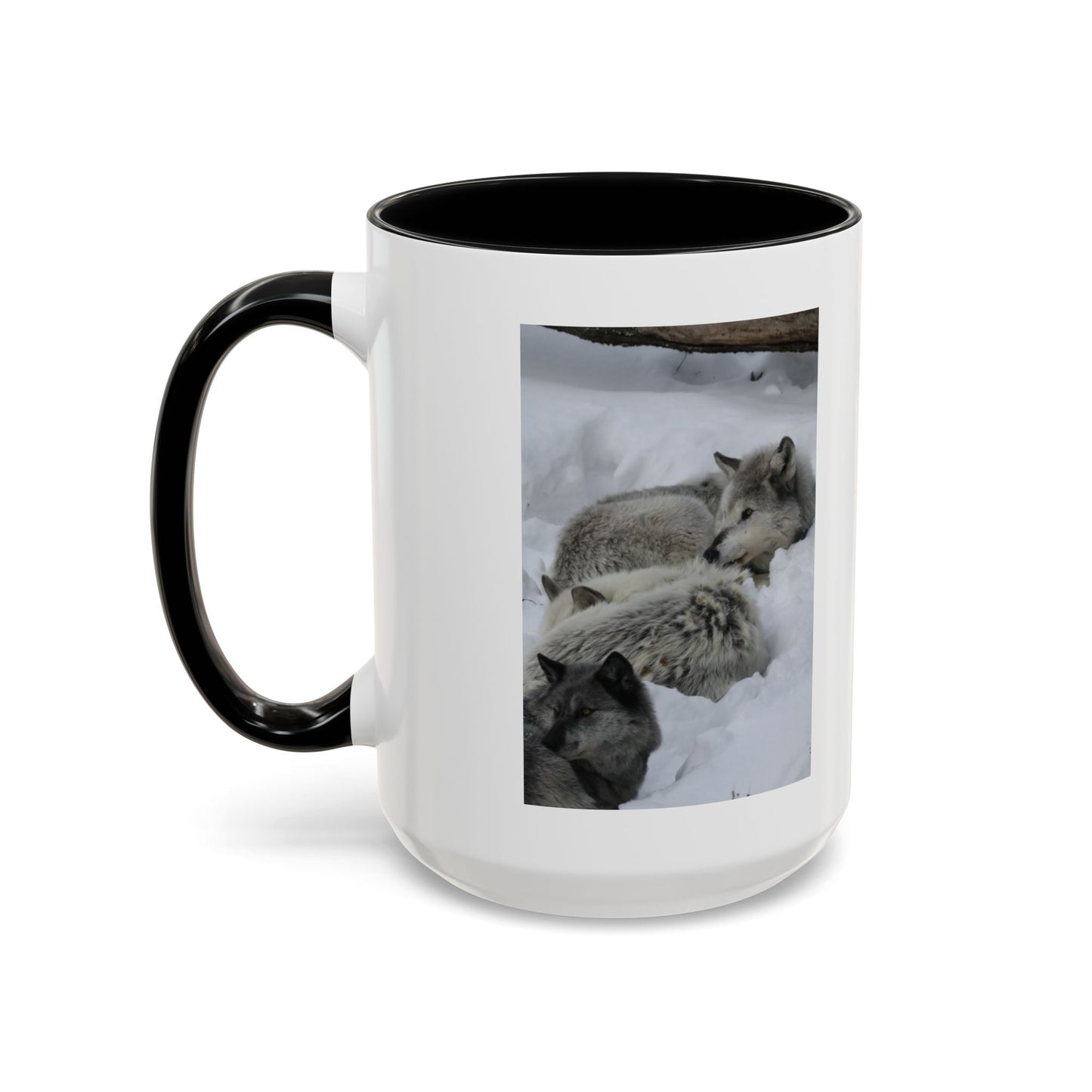 Wolf Pack Coffee Mug – Accent Black Handle 11/15oz, Winter Wildlife Photo