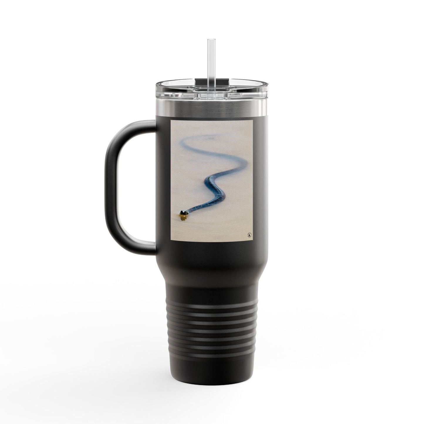 40oz Insulated Travel Mug – Minimal Beach Sand & Blue Wave Design
