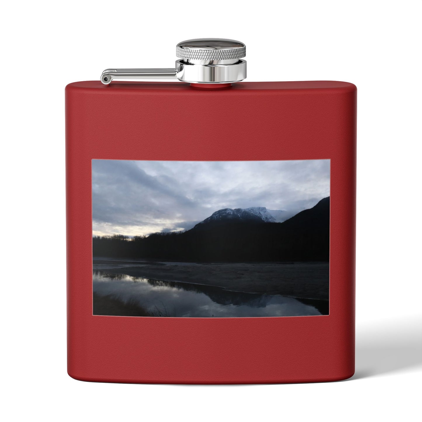 Mountain Lake Evening Stainless Steel Flask — 6oz Wilderness Hip Flask
