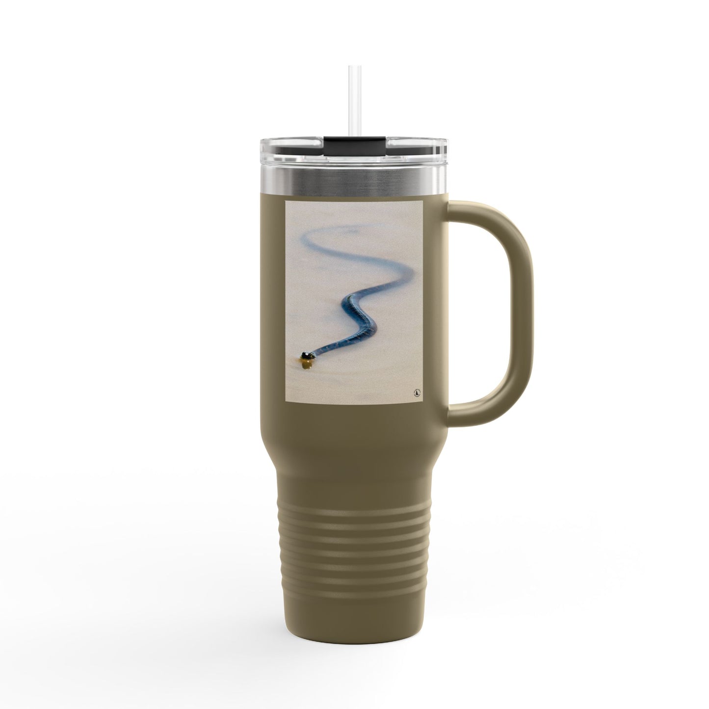 40oz Insulated Travel Mug – Minimal Beach Sand & Blue Wave Design