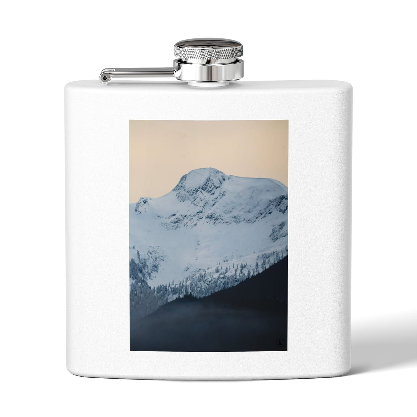 Mountain Peak 6oz Stainless Steel Flask — Snowy Summit Photo Design