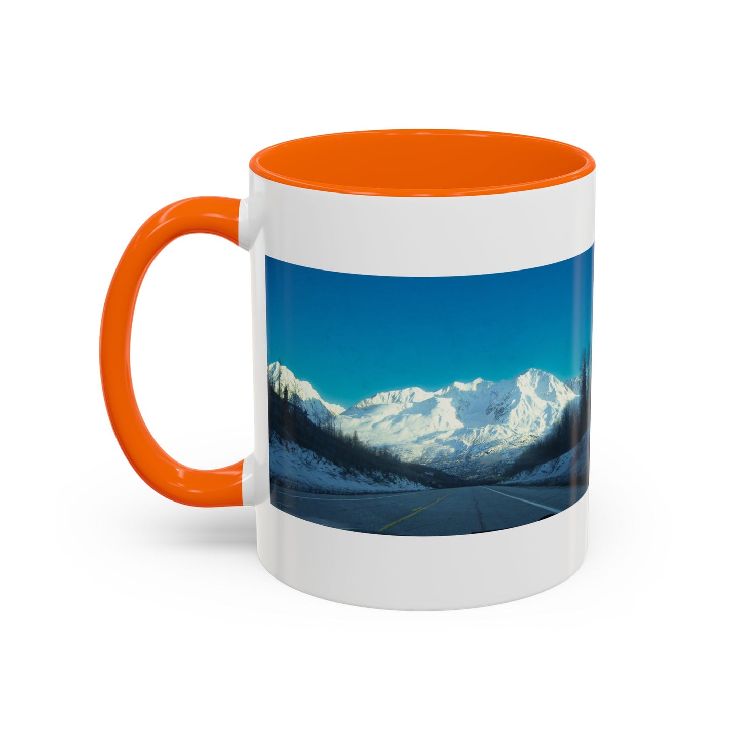 Scenic Mountain Panorama Accent Coffee Mug — Snowy Peaks Travel Coffee Cup (11/15 oz)