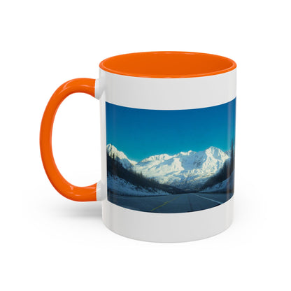 Scenic Mountain Panorama Accent Coffee Mug — Snowy Peaks Travel Coffee Cup (11/15 oz)