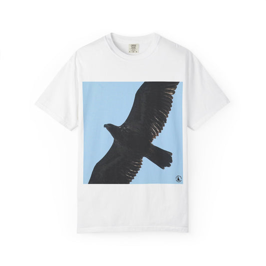 Aerial Majesty: Soaring Raptor in Flight, Black Eagle Silhouettephotography shirts