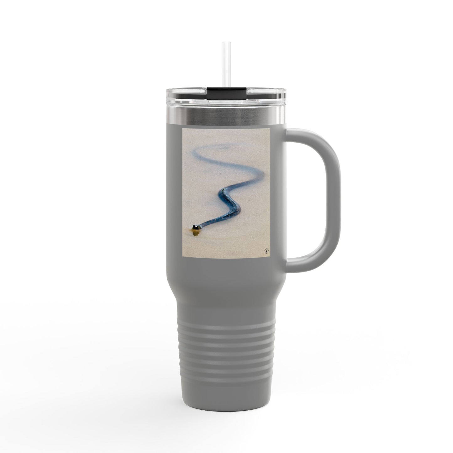 40oz Insulated Travel Mug – Minimal Beach Sand & Blue Wave Design