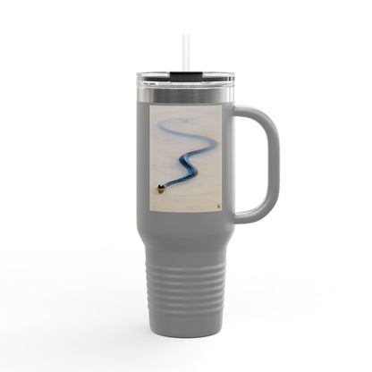 40oz Insulated Travel Mug – Minimal Beach Sand & Blue Wave Design