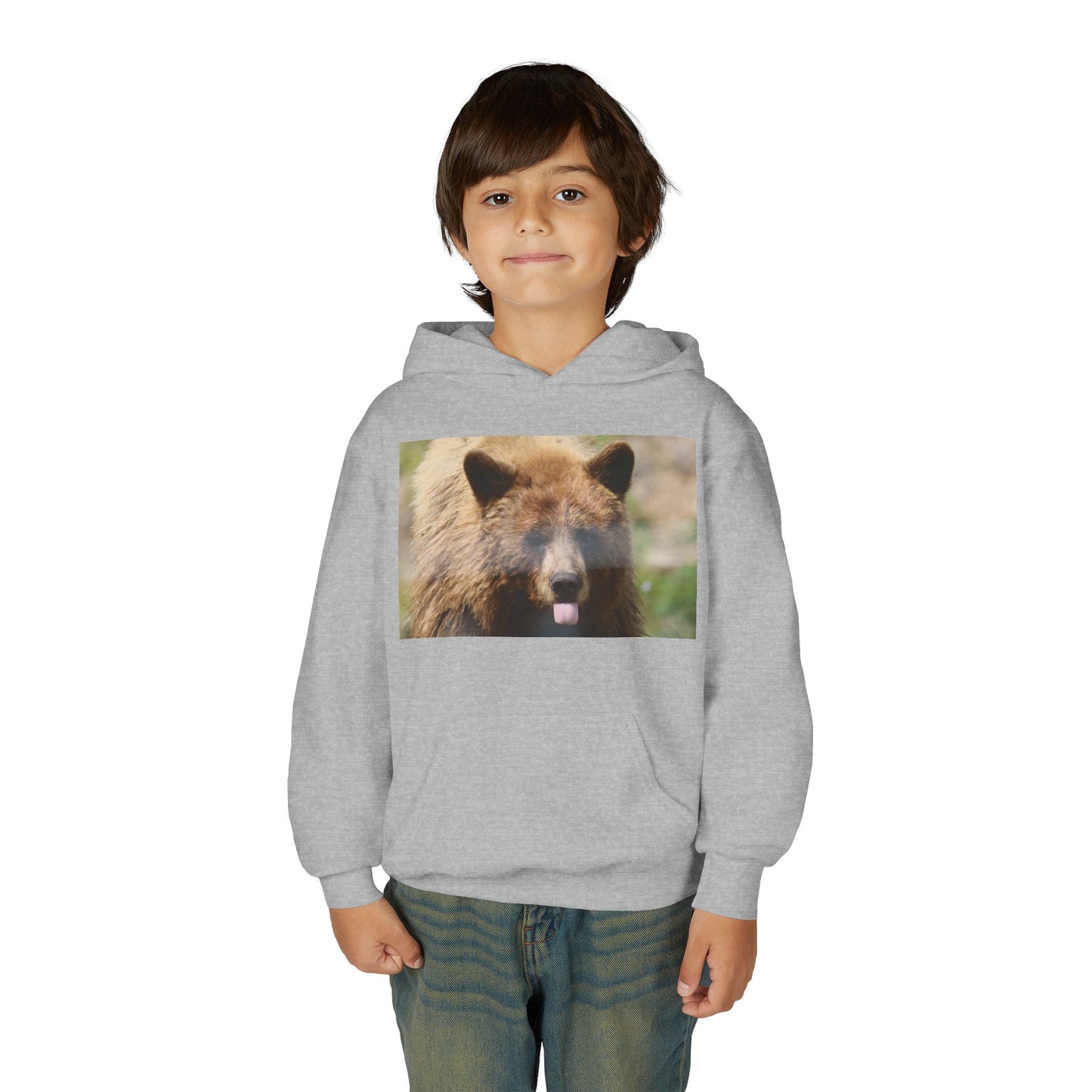 Youth Bear Hoodie — Cute Tongue-Out Bear Photo Kids Pullover