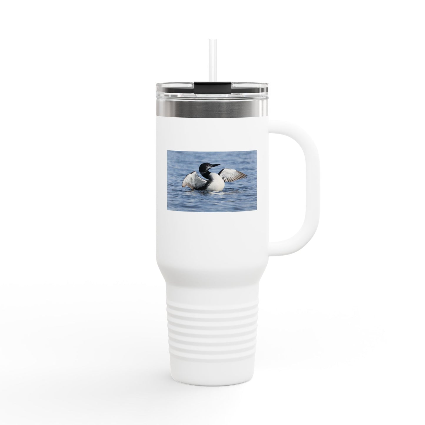 40oz Insulated Travel Mug with Loon Photo – Large Handle, Cold/Hot Beverage Tumbler