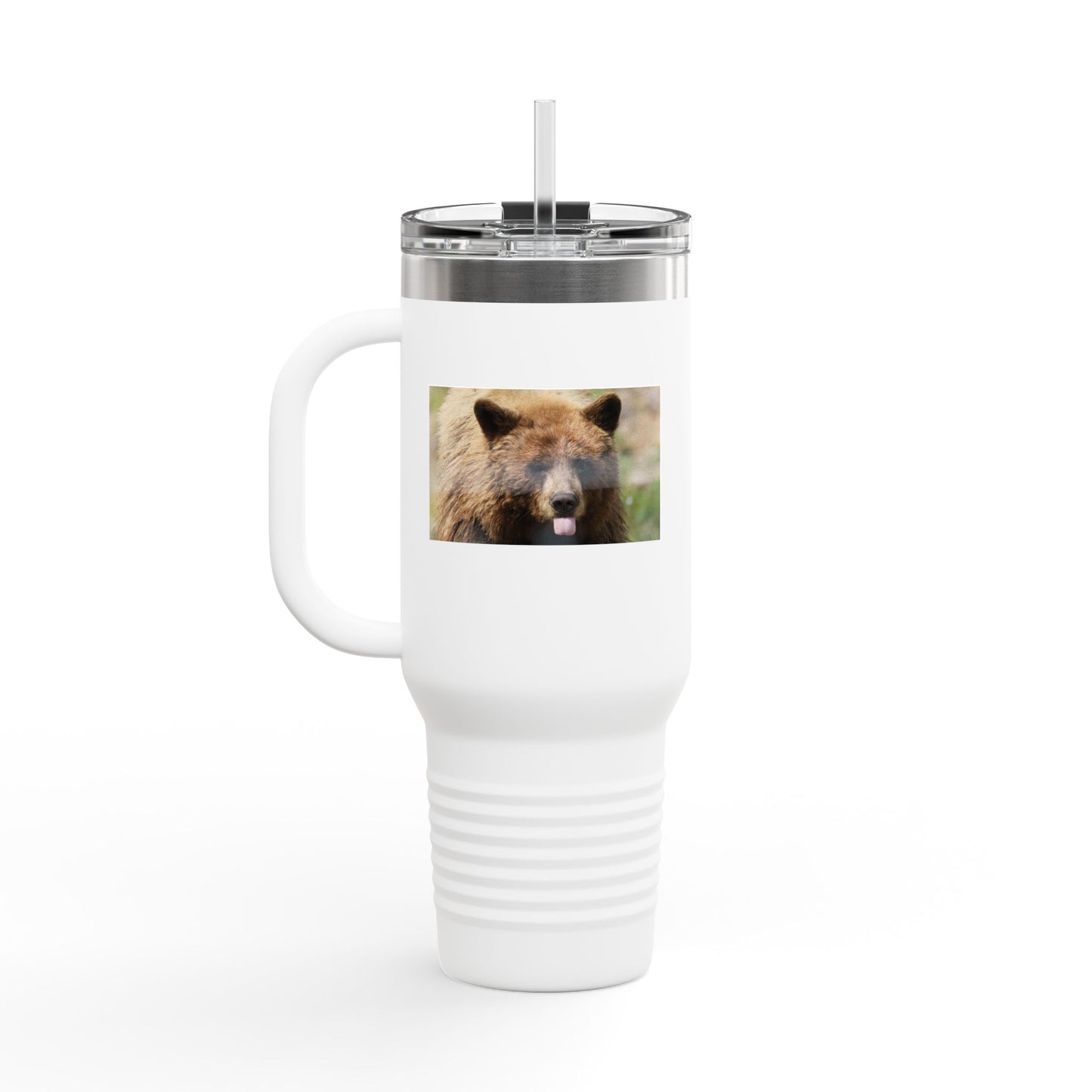40oz Insulated Travel Mug — Photoreal Bear Photo, Stainless Steel Tumbler with Straw & Handle