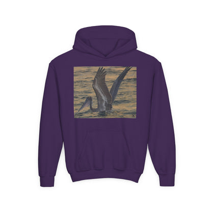 Youth Pelican Sunset Hoodie — Kids Beach Wildlife Pullover