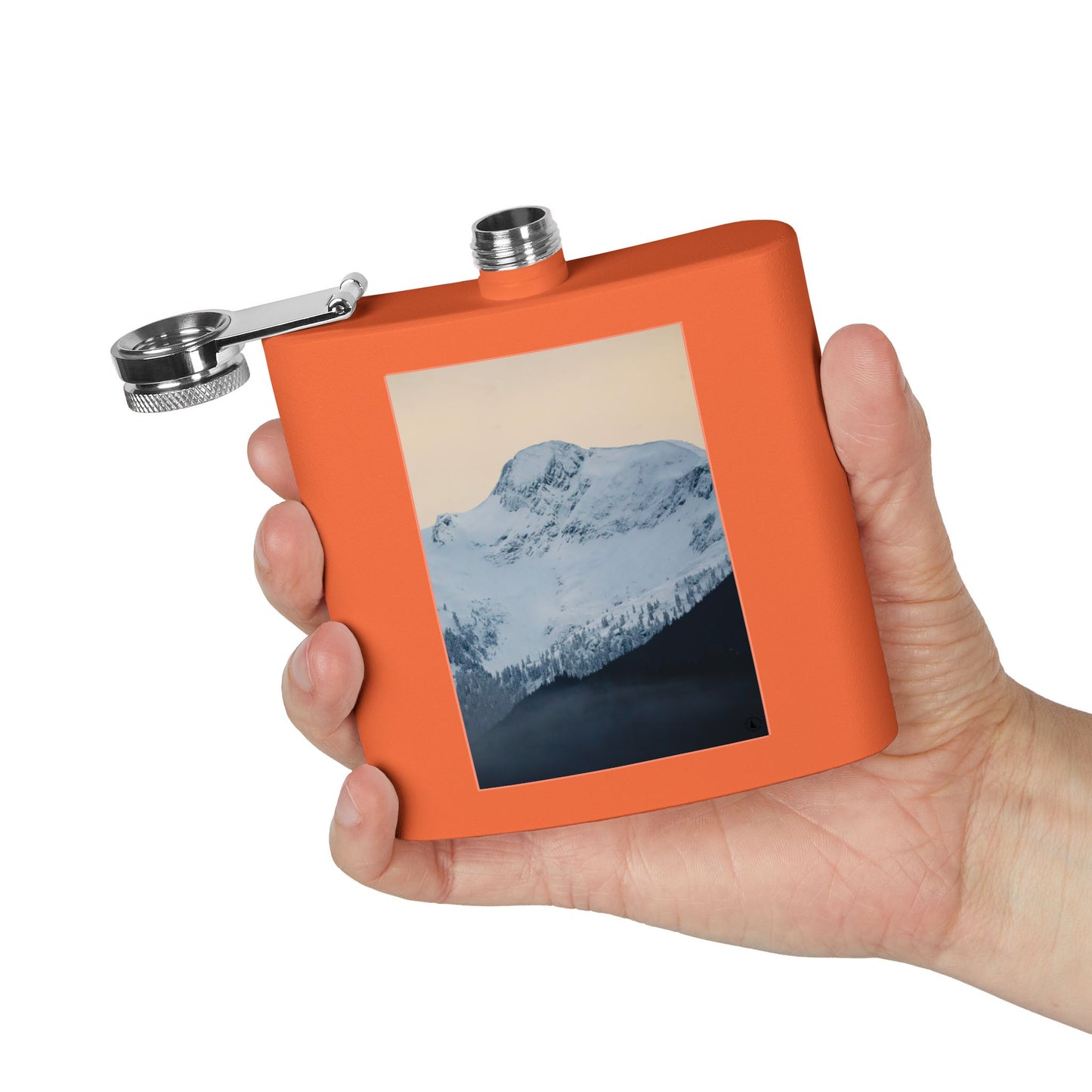 Mountain Peak 6oz Stainless Steel Flask — Snowy Summit Photo Design