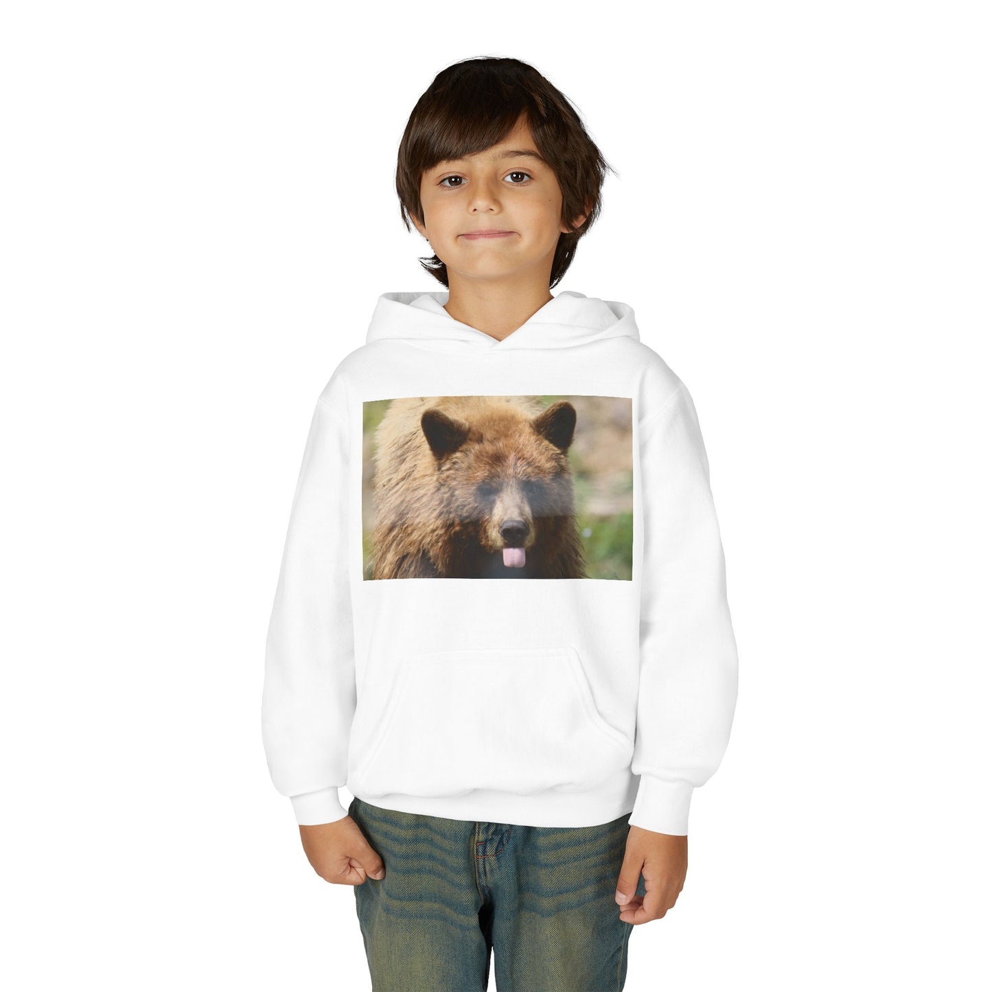 Youth Bear Hoodie — Cute Tongue-Out Bear Photo Kids Pullover