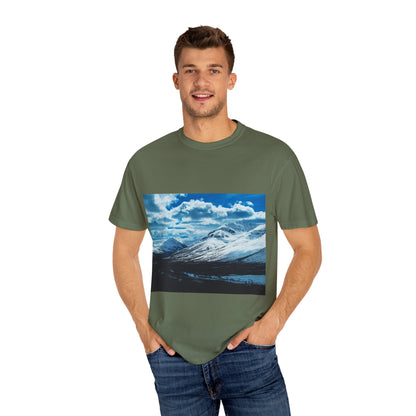 Alpine Majesty: Winter Mountain Panorama, Pristine Snow-Capped Peaks, Wilderness Landscapephotography shirts