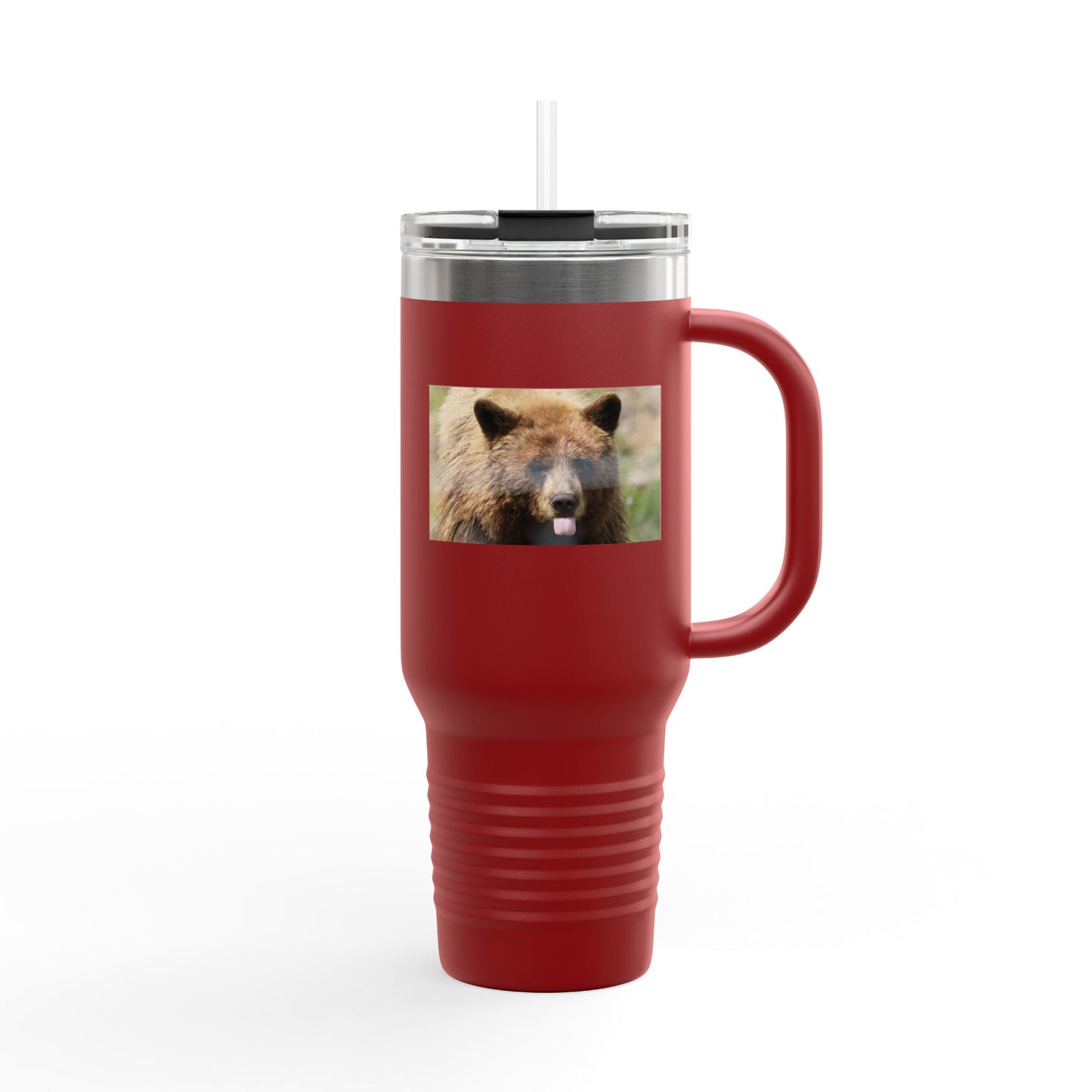 40oz Insulated Travel Mug — Photoreal Bear Photo, Stainless Steel Tumbler with Straw & Handle