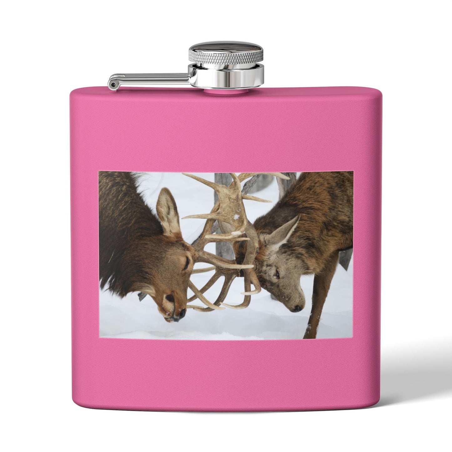 6oz Stainless Steel Flask — Wildlife Photo: Two Bucks Locking Antlers (Hunting Gift)