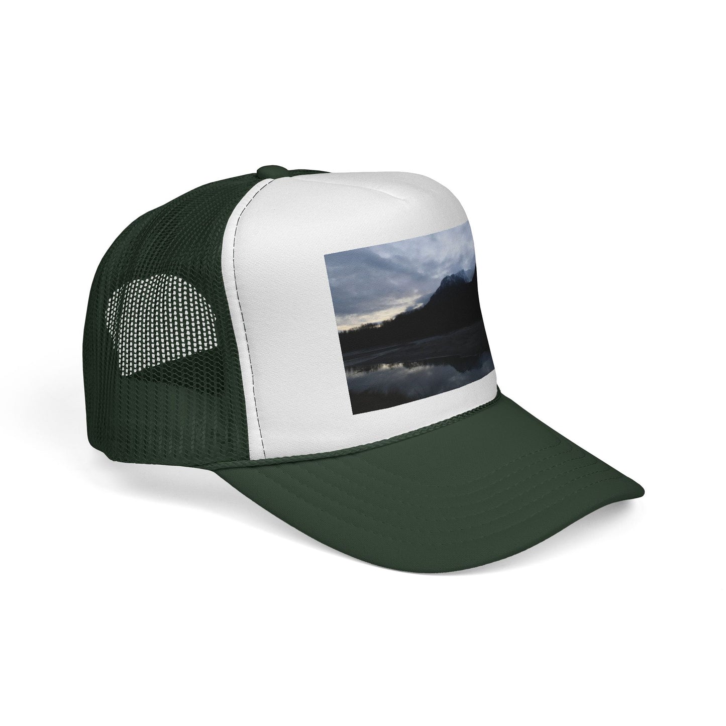 Mountain Lake Trucker Cap — Scenic Nature Photo Mesh Hat