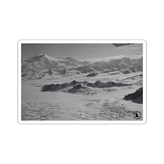 Alaskan Mountain Range Kiss-Cut Sticker — Black & White Glacier Landscape