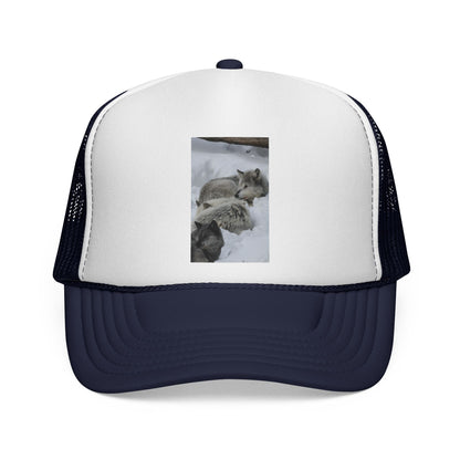 Wolf Pack Trucker Cap — Cozy Snow Wildlife Photo Hat