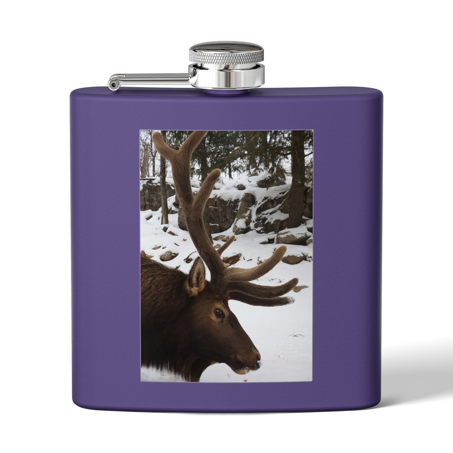 6oz Stainless Steel Flask – Winter Elk Photo Hip Flask, Outdoor Hunting Gift