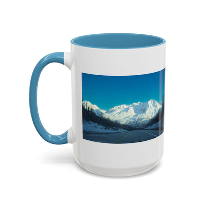 Scenic Mountain Panorama Accent Coffee Mug — Snowy Peaks Travel Coffee Cup (11/15 oz)