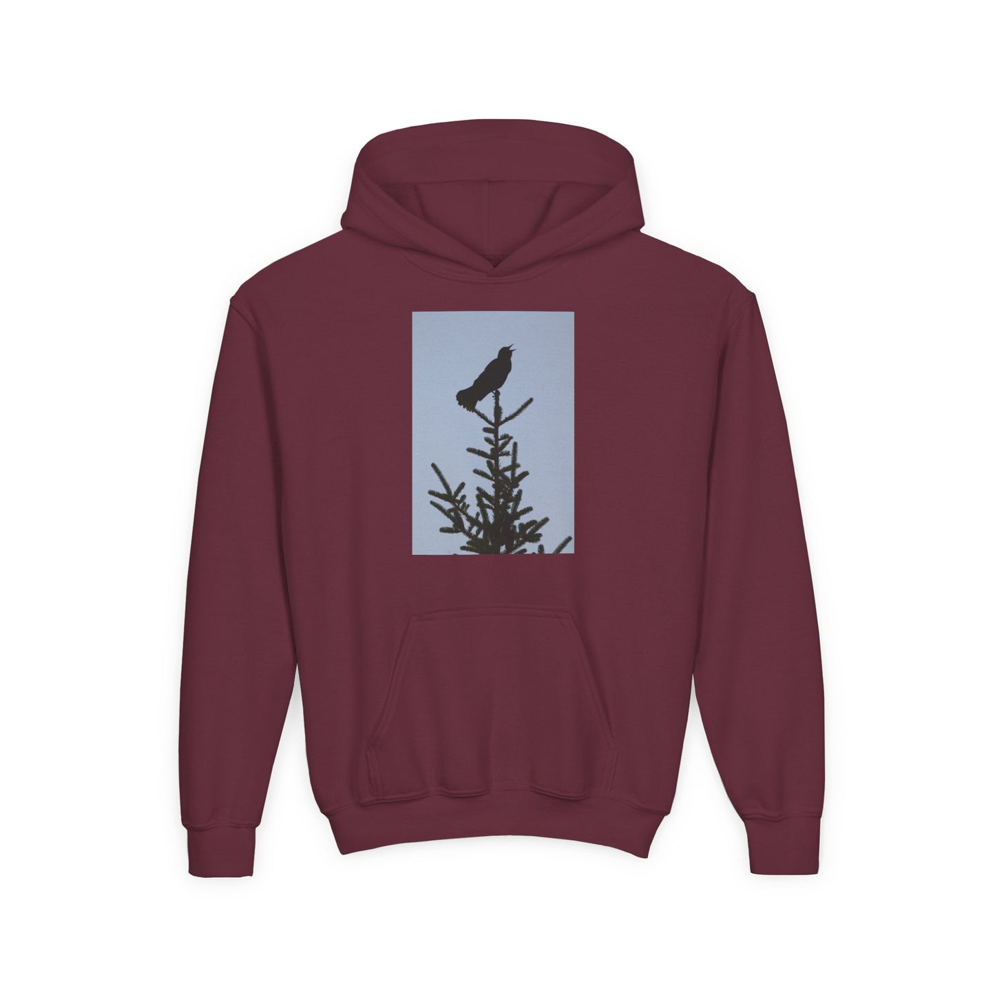 Youth Hoodie with Raven Silhouette on Pine — Cozy Nature Kids Sweatshirt