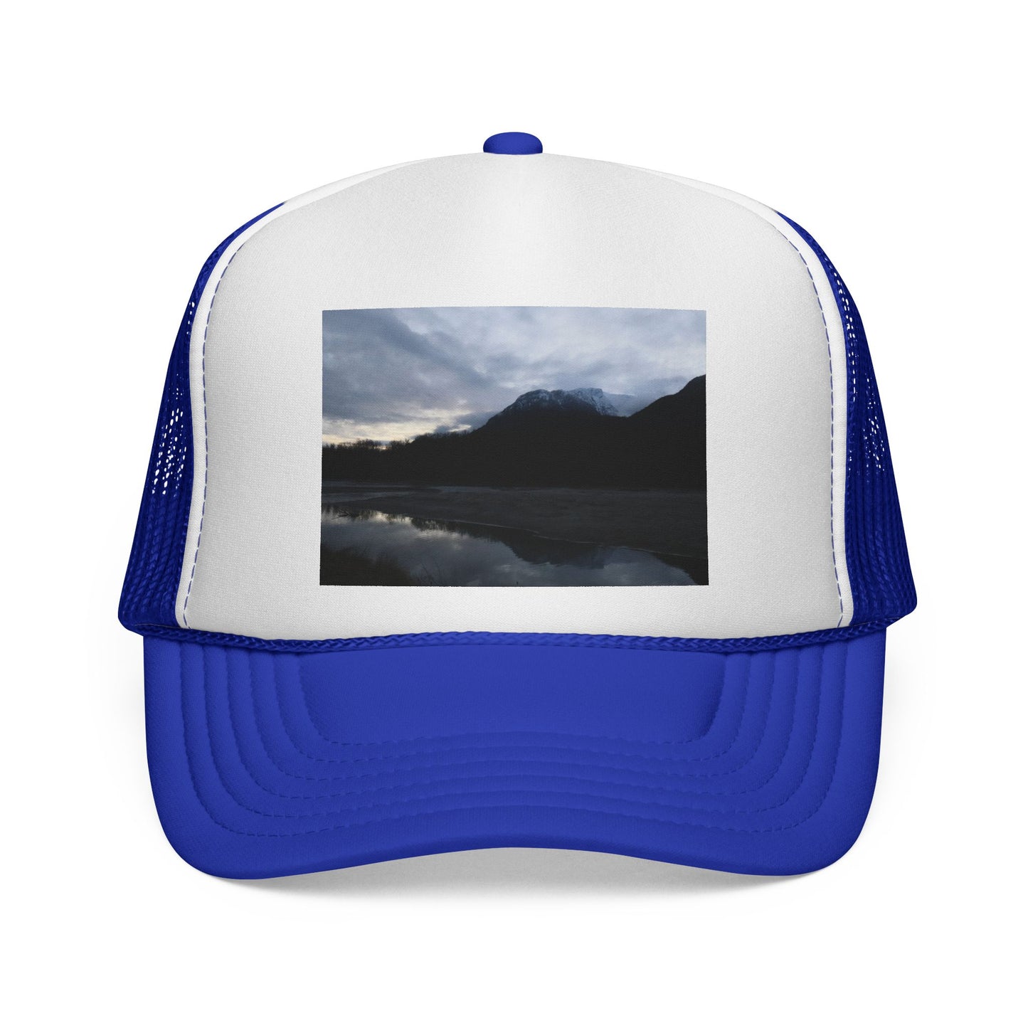 Mountain Lake Trucker Cap — Scenic Nature Photo Mesh Hat