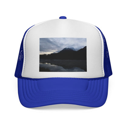 Mountain Lake Trucker Cap — Scenic Nature Photo Mesh Hat