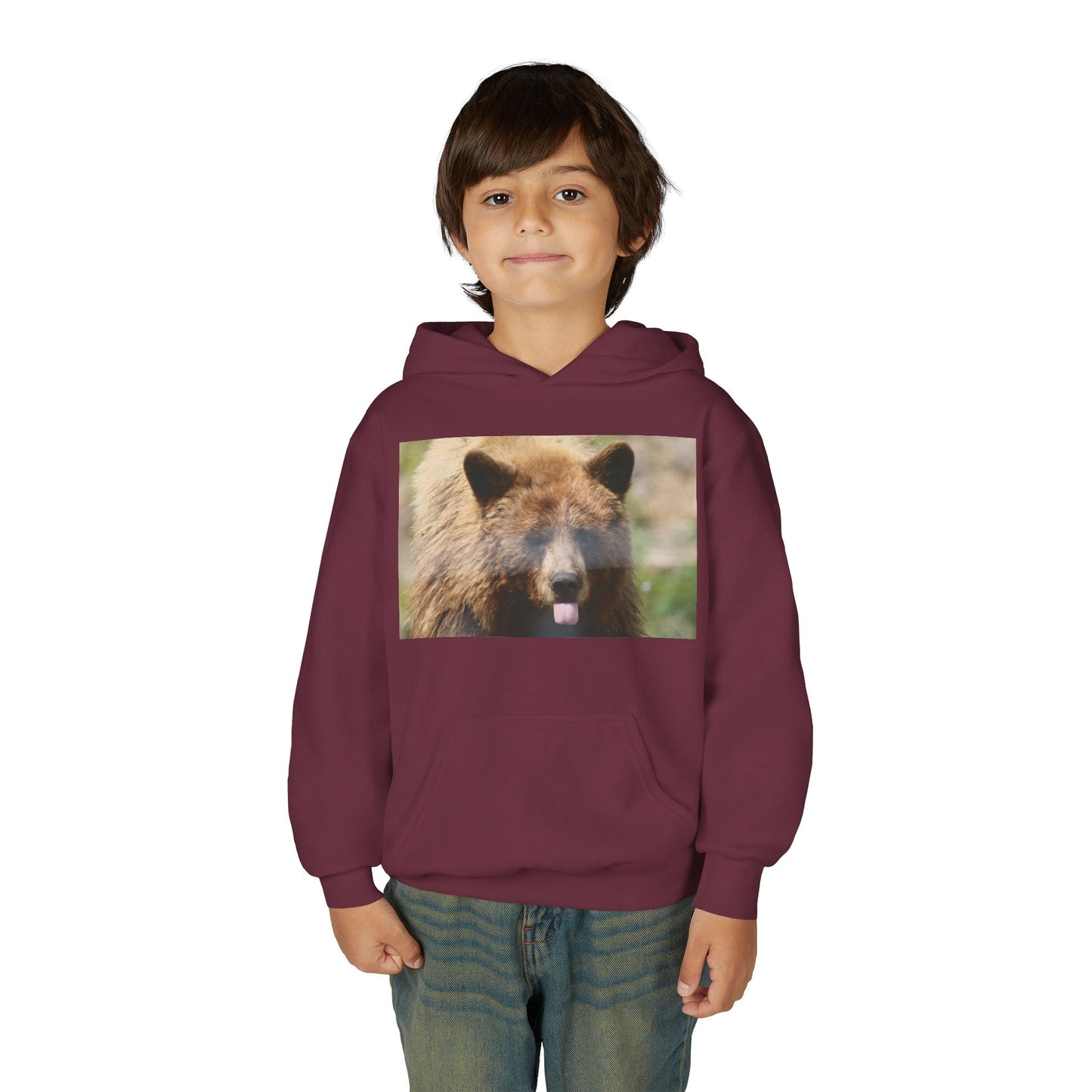 Youth Bear Hoodie — Cute Tongue-Out Bear Photo Kids Pullover