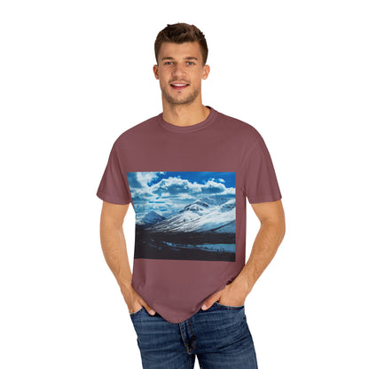 Alpine Majesty: Winter Mountain Panorama, Pristine Snow-Capped Peaks, Wilderness Landscapephotography shirts