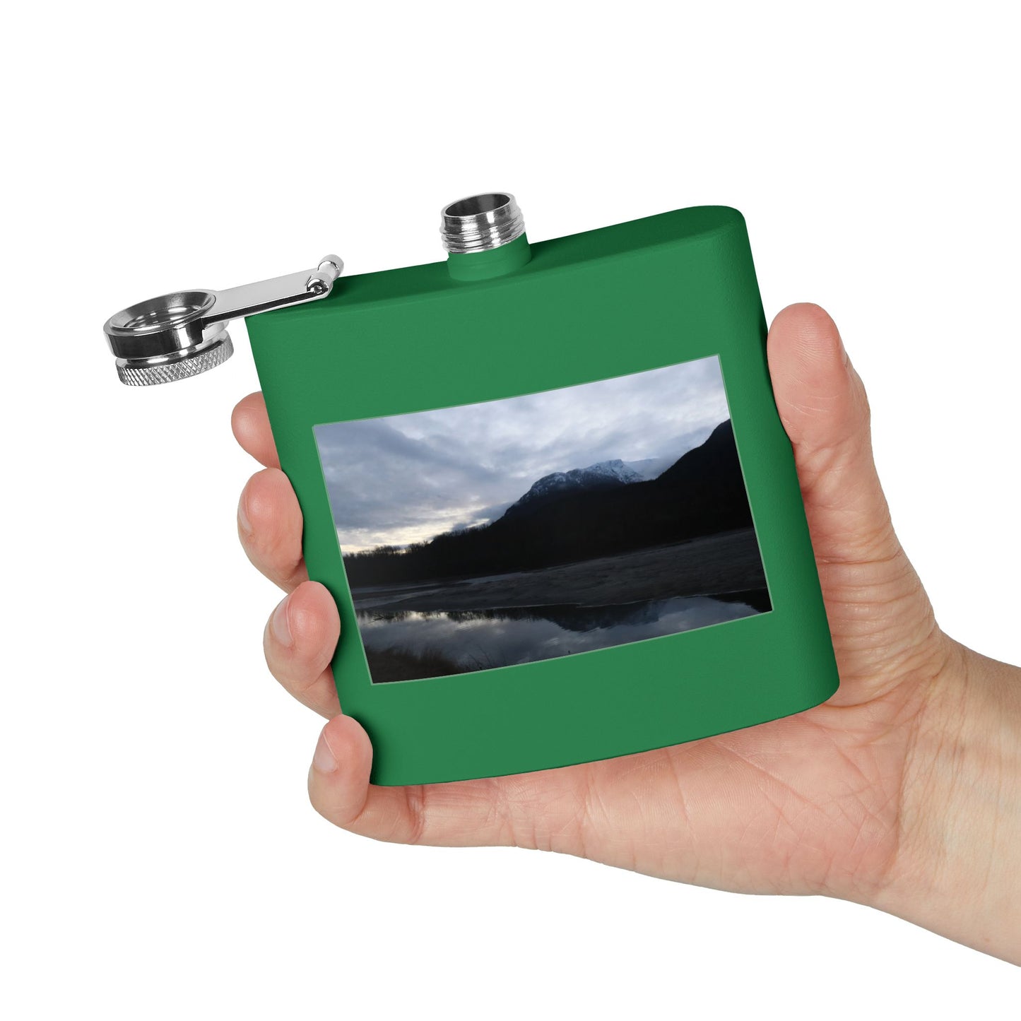 Mountain Lake Evening Stainless Steel Flask — 6oz Wilderness Hip Flask
