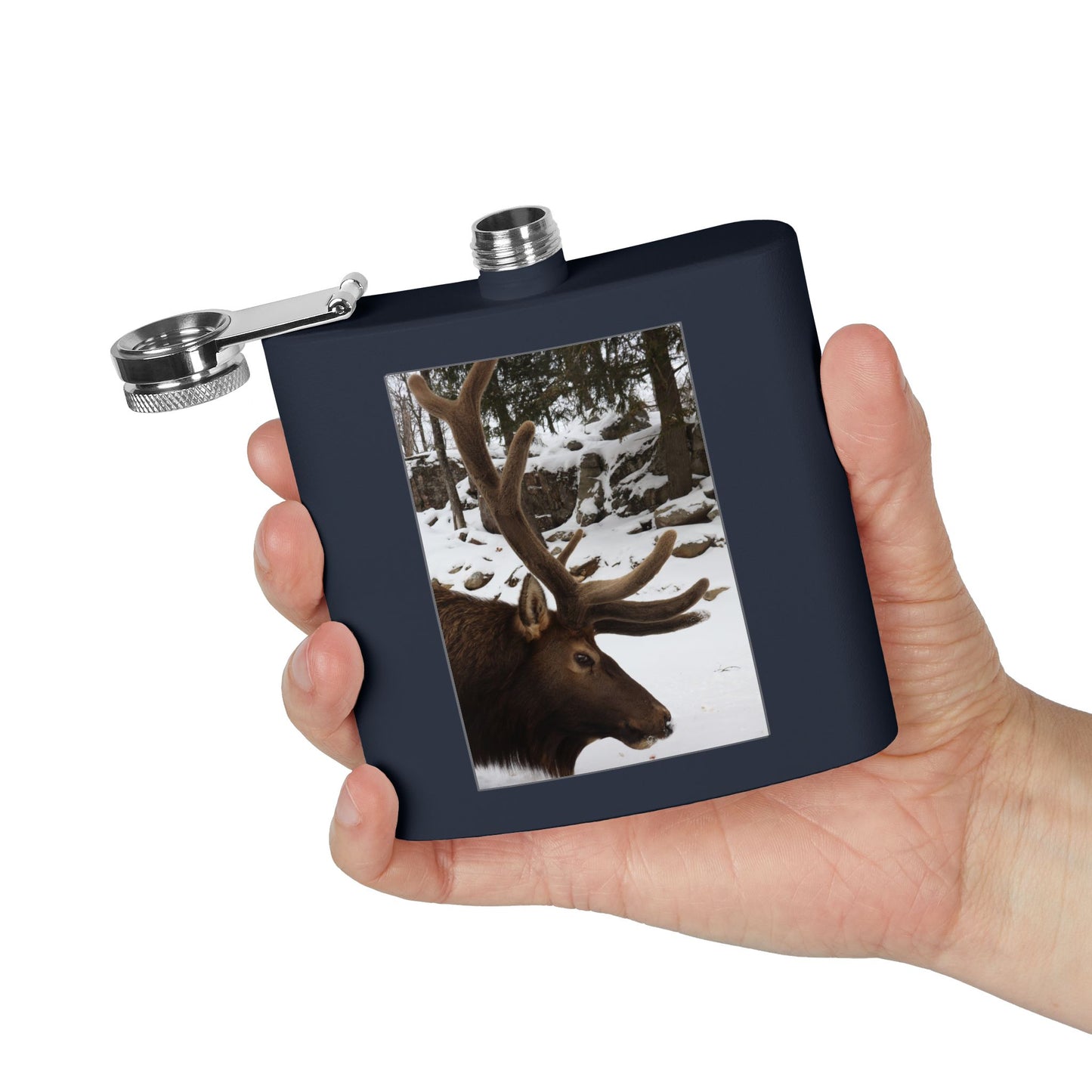 6oz Stainless Steel Flask – Winter Elk Photo Hip Flask, Outdoor Hunting Gift