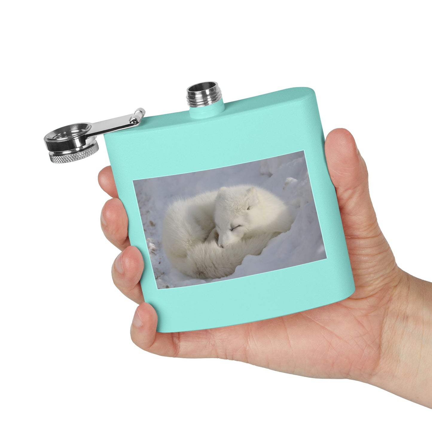 White Arctic Fox Flask — 6oz Stainless Steel Hip Flask with Sleeping Fox Photo