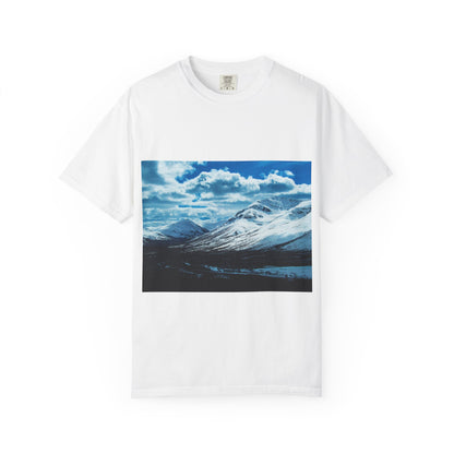 Alpine Majesty: Winter Mountain Panorama, Pristine Snow-Capped Peaks, Wilderness Landscapephotography shirts