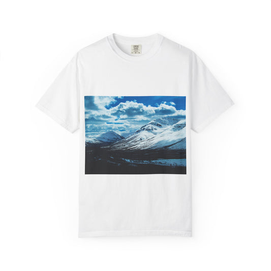 Alpine Majesty: Winter Mountain Panorama, Pristine Snow-Capped Peaks, Wilderness Landscapephotography shirts