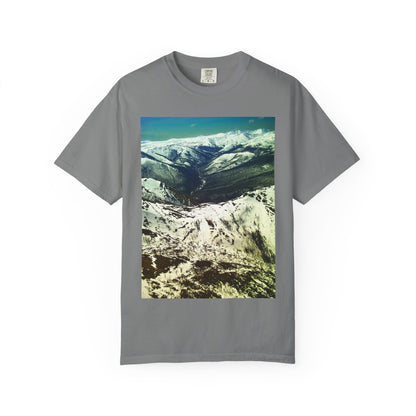 Alpine Winter Panorama: Aerial Mountain Landscape, Snow-Capped Wilderness, Pristine Winter Terrainphotography shirts