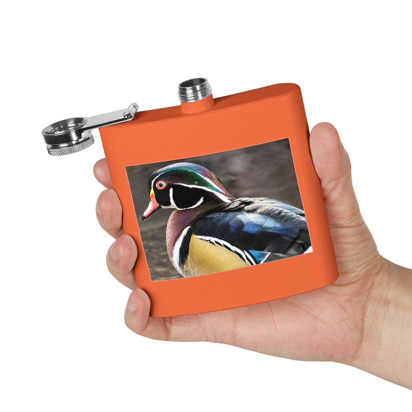 Wood Duck Stainless Steel Flask — 6oz Pocket Hip Flask for Birdwatchers & Outdoor Gifts