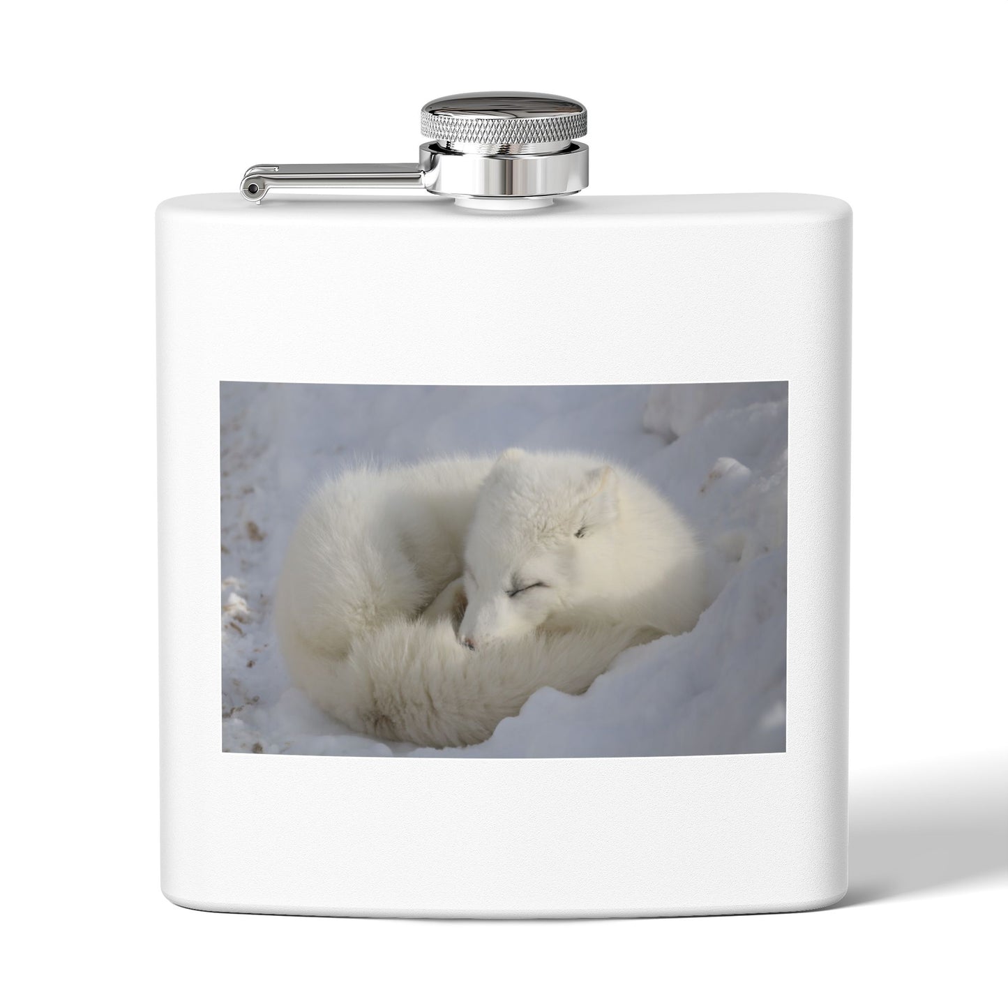 White Arctic Fox Flask — 6oz Stainless Steel Hip Flask with Sleeping Fox Photo