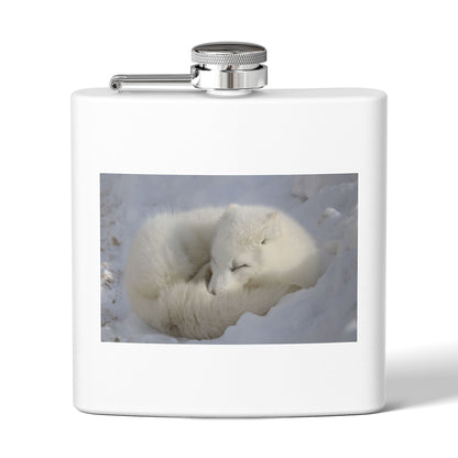 White Arctic Fox Flask — 6oz Stainless Steel Hip Flask with Sleeping Fox Photo