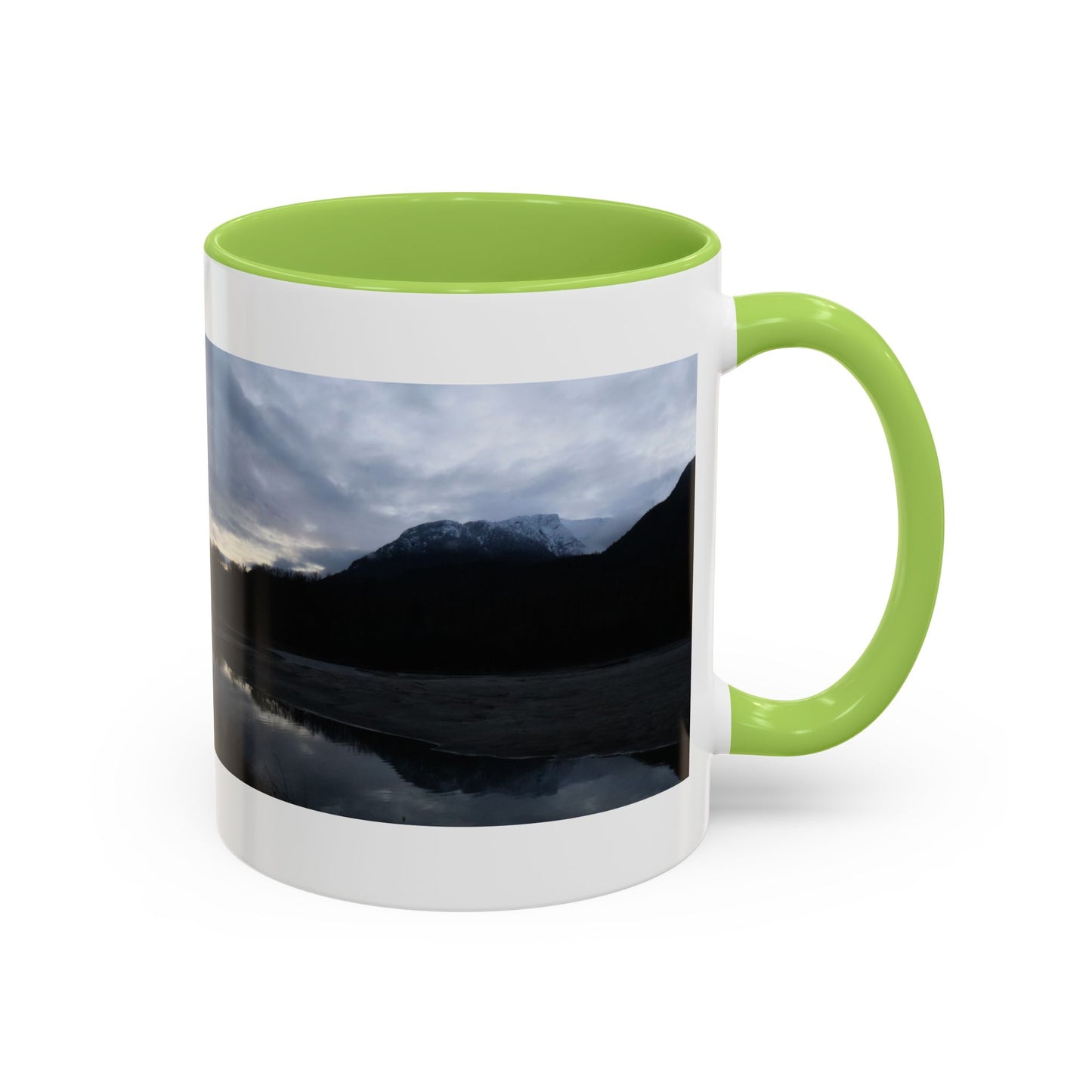 Scenic Mountain Lake Accent Coffee Mug — Moody Sunset Reflection (11oz & 15oz)