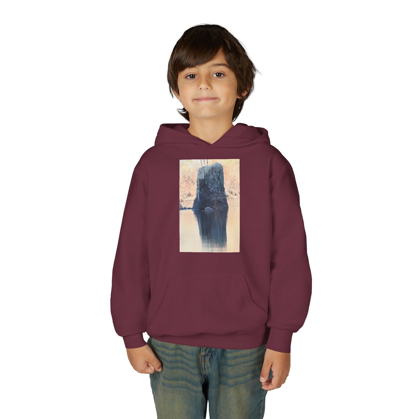 Youth Hoodie with Serene Lake Reflection Photo — Nature-Inspired Kids’ Pullover